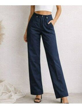 Larry Levine Women's Trousers Size 8 Navy Blue Wool Dress Pants Lined Career